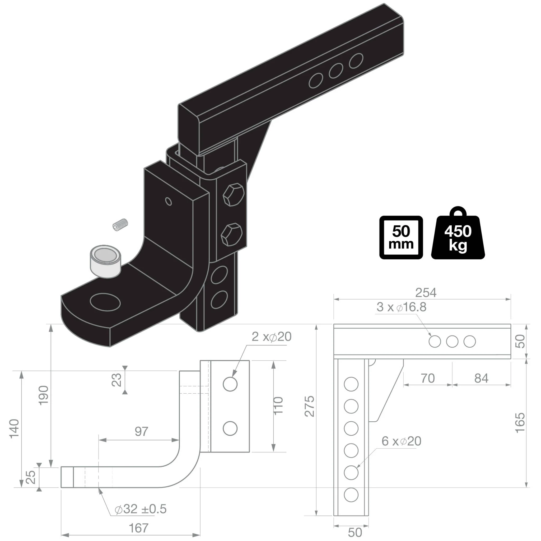 TAG Adjustable Heavy Duty Tow Ball Mount - 90° Face, 50mm Square Hitch - Image 3